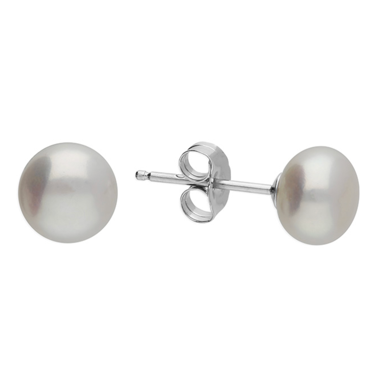 Pair of silver freshwater pearl earrings on a white background