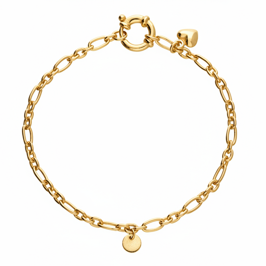 A gold plated chain bracelet with a spring-ring clasp, a small heart charm, and a flat round disc charm, shown on a plain white background.