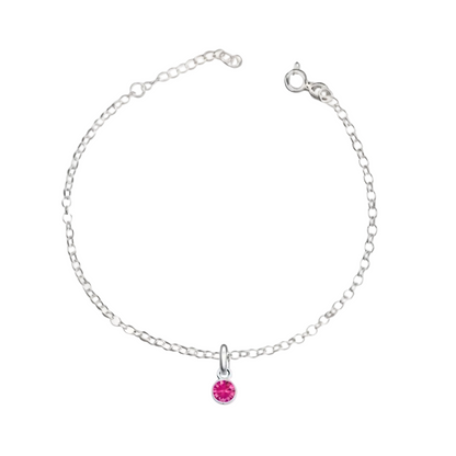 Silver bracelet with a pink gemstone charm on a white background
