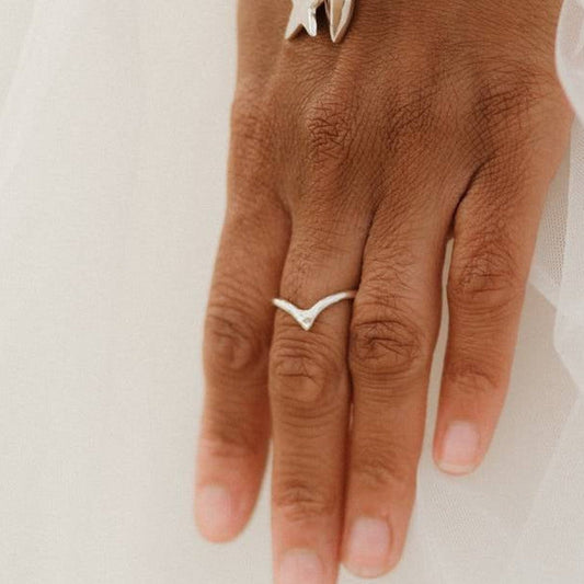 A hand wearing a silver wishbone ring along with a bracelet with a star charm, against a white background.