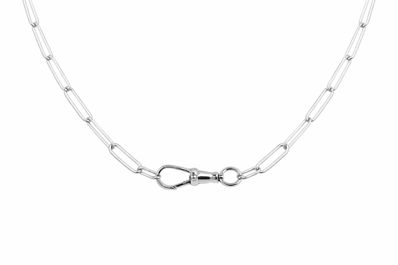 Silver trace chain necklace with Albert clasp on a white background