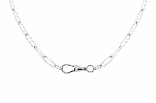 Silver trace chain necklace with Albert clasp on a white background