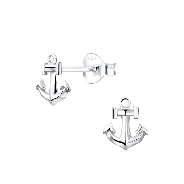 Silver anchor-shaped earrings on a white background