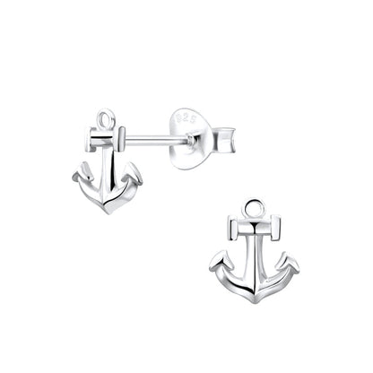 Silver anchor-shaped earrings on a white background