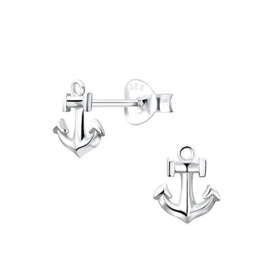 Silver anchor-shaped earrings on a white background