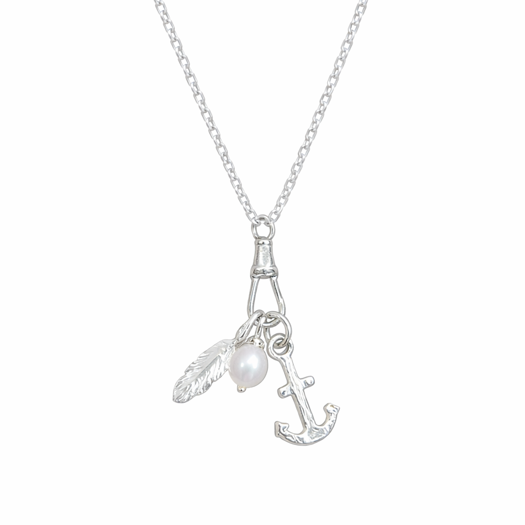 Necklace with a pendant featuring a feather, pearl, and anchor on a white background
