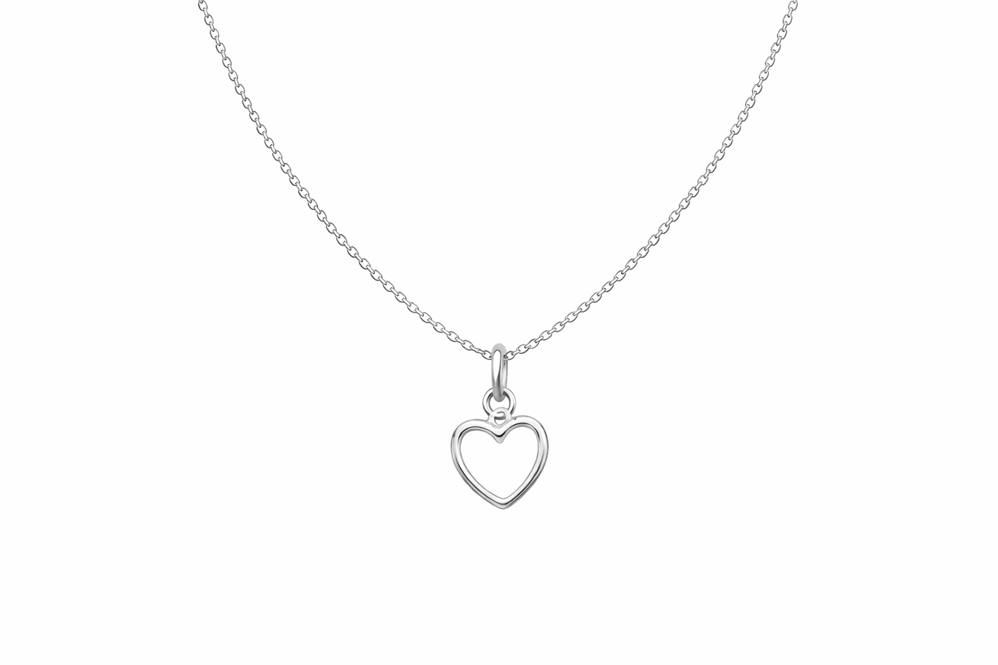 Silver heart-shaped pendant on a white chain against a white background