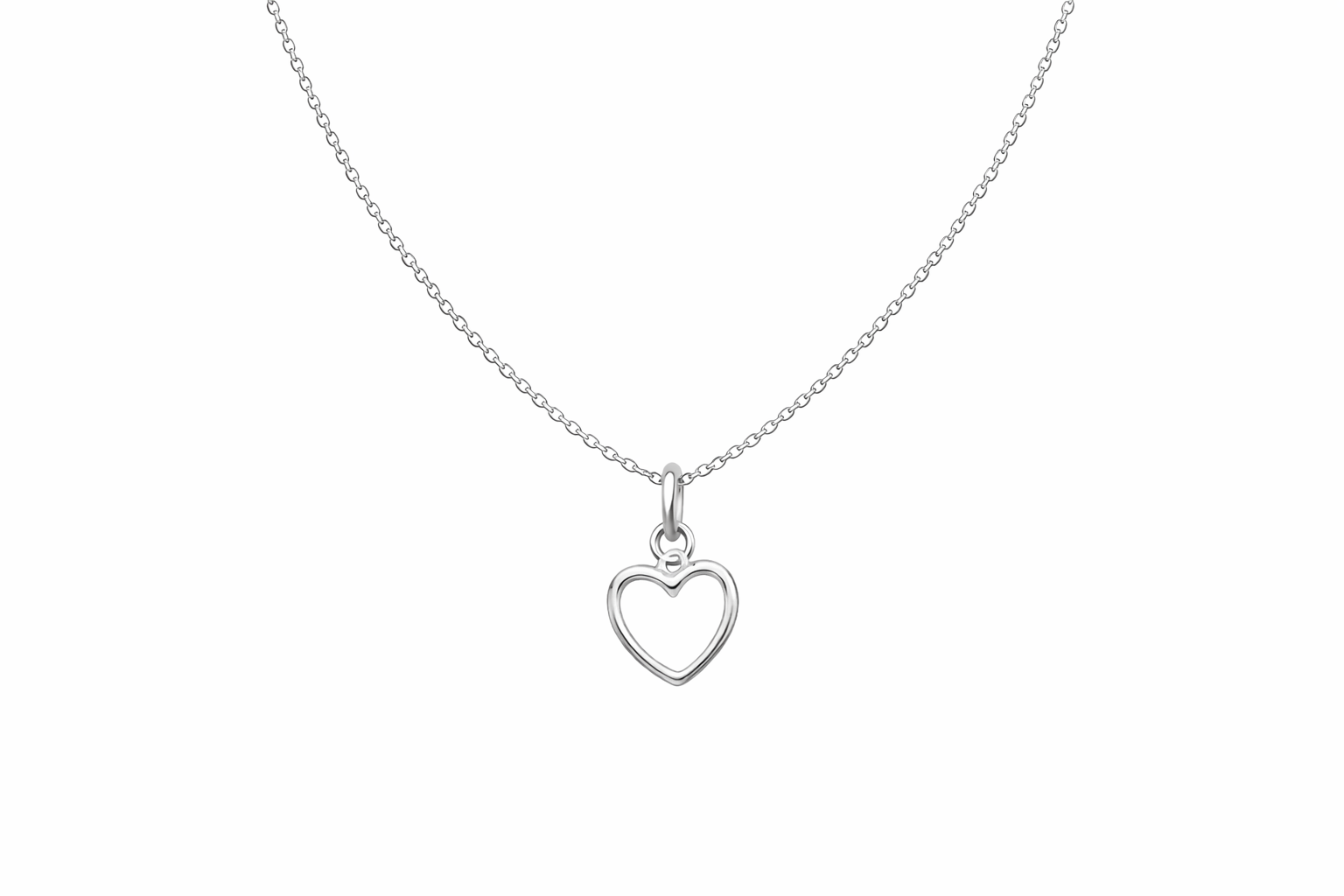 Silver heart-shaped pendant on a white chain against a white background
