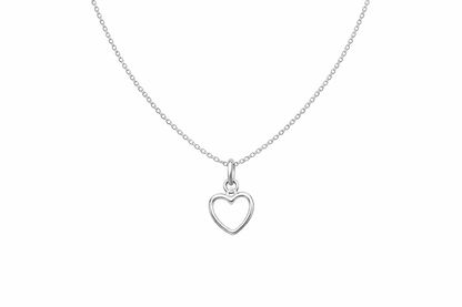 Silver heart-shaped pendant on a white chain against a white background