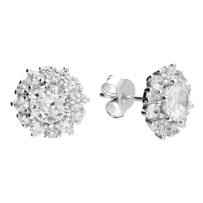 Pair of silver flower earrings with clear gemstones on a white background