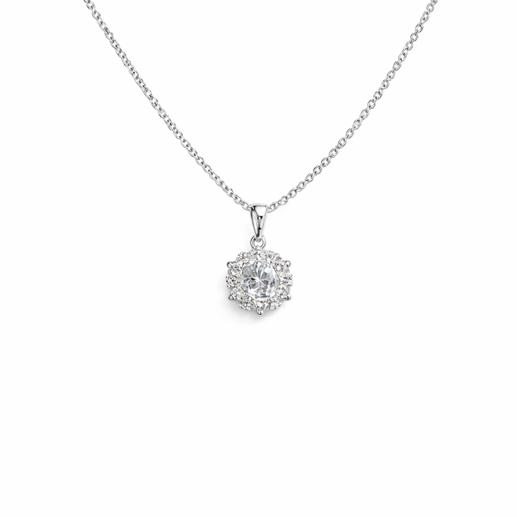 Silver flower necklace with diamond-studded pendant on a white background