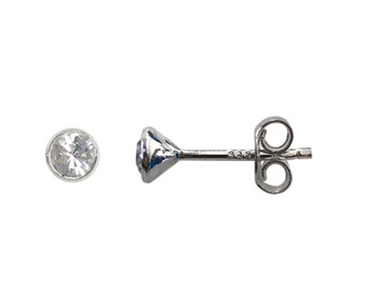 Silver earring with clear gemstone on a white background