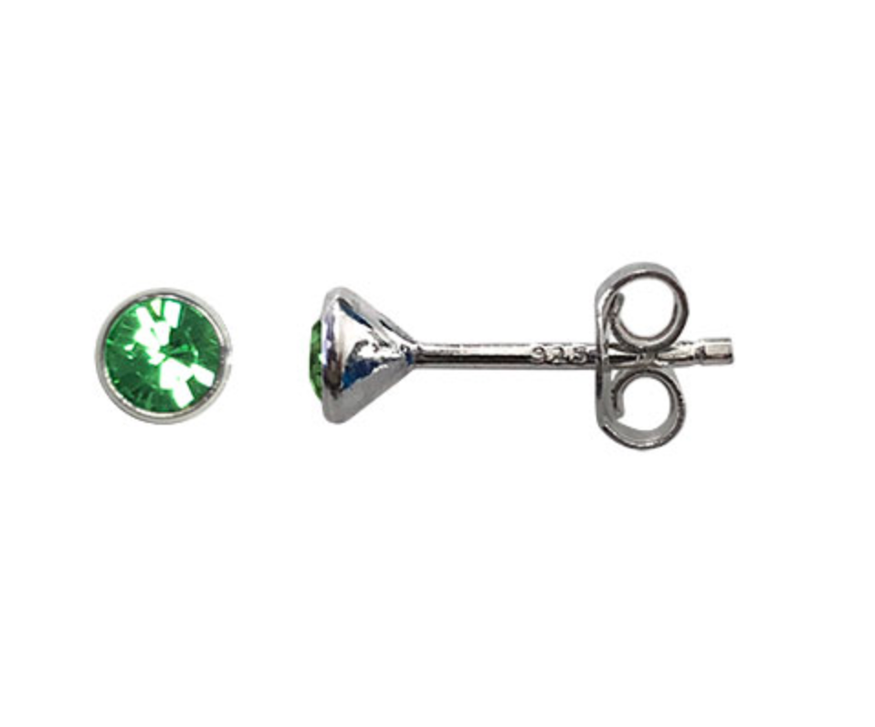 Silver stud earrings with green gemstones on a white background