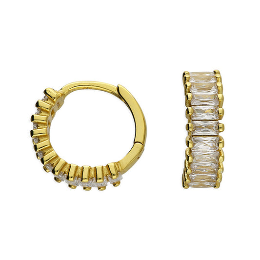 Gold plated baguette hoop earrings with cz gemstones on a white background