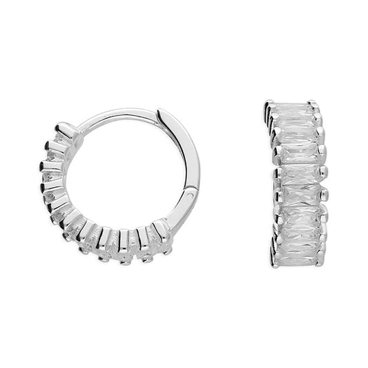 Silver hoop earrings with baguette cut stones on a white background