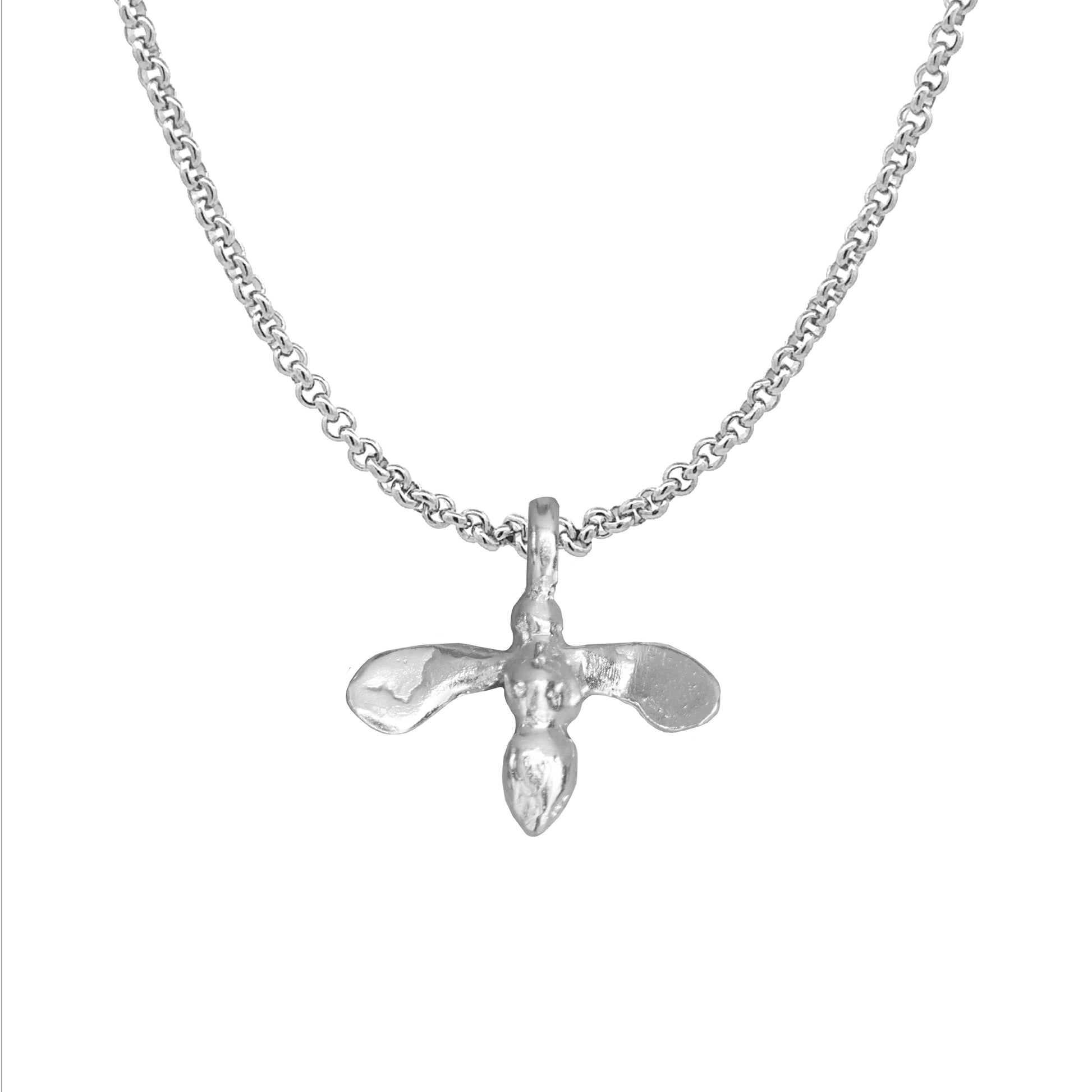 Silver bumble bee charm on a belcher chain on white back background 