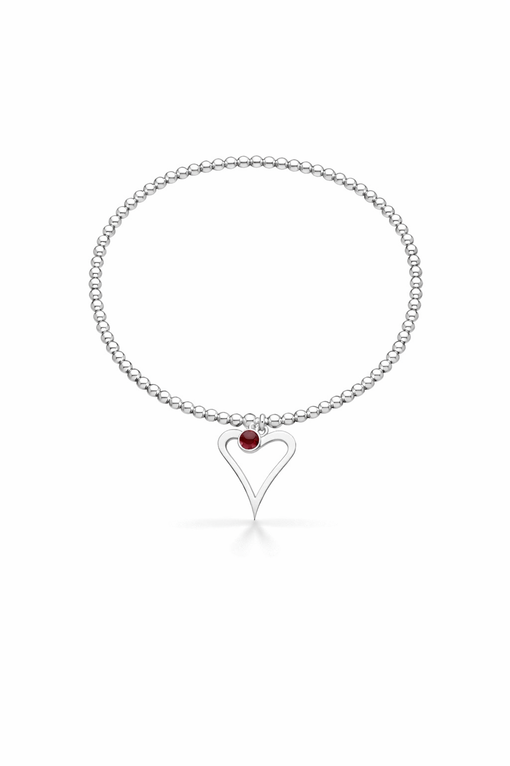Silver birthstone bracelet with a heart-shaped charm on a white background