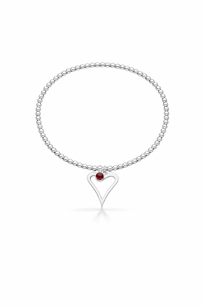 Silver birthstone bracelet with a heart-shaped charm on a white background