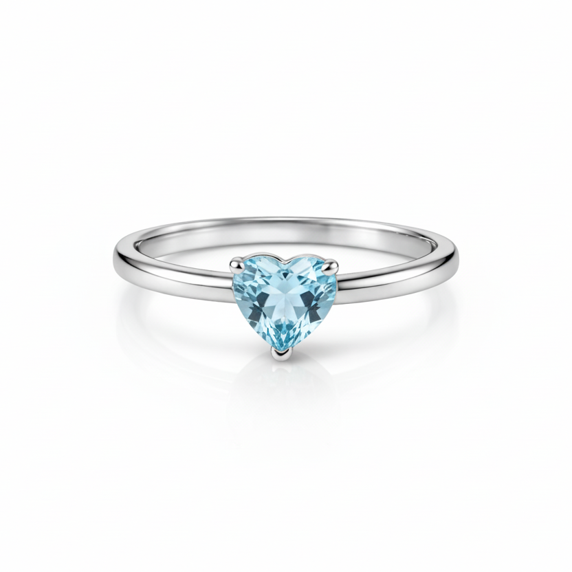 Silver ring with a heart-shaped blue topaz gemstone on a white background