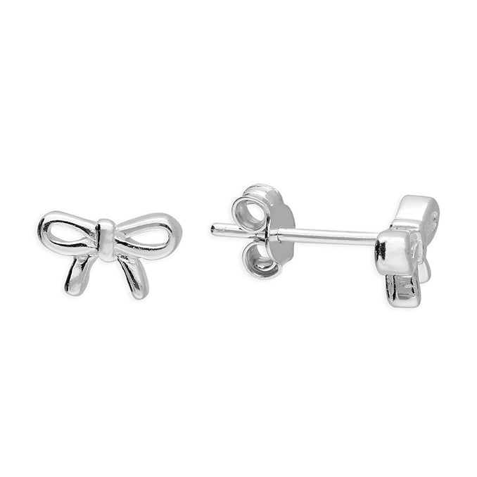 Silver bow-shaped earrings on a white background