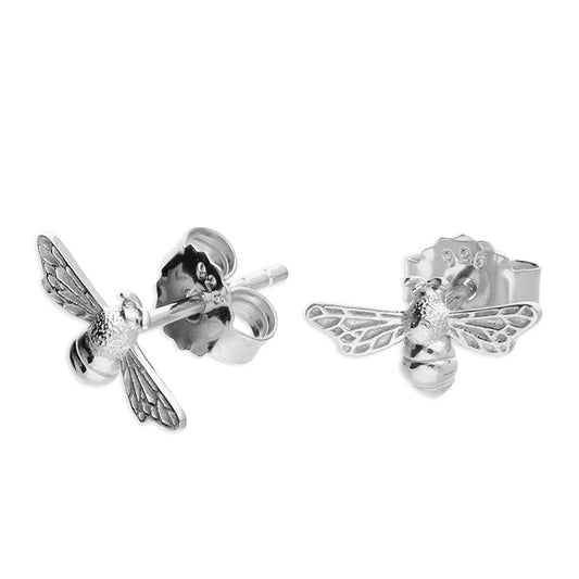 Silver bee-shaped earrings on a white background
