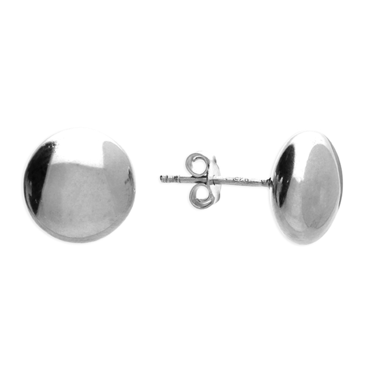 Pair of silver round earrings on a white background