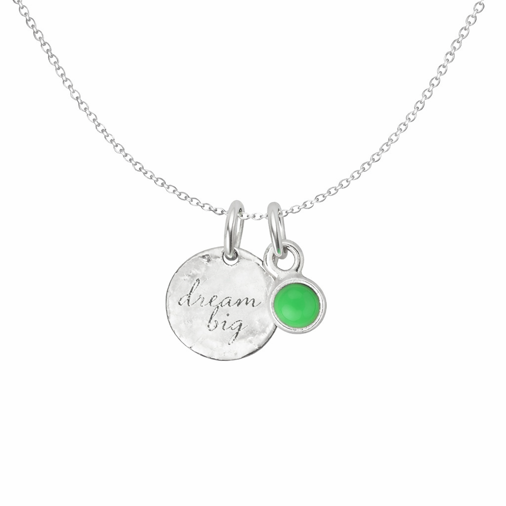 Silver necklace with 'dream big' pendant and  Chrysophase gemstone on a white background