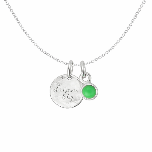 Silver necklace with 'dream big' pendant and  Chrysophase gemstone on a white background