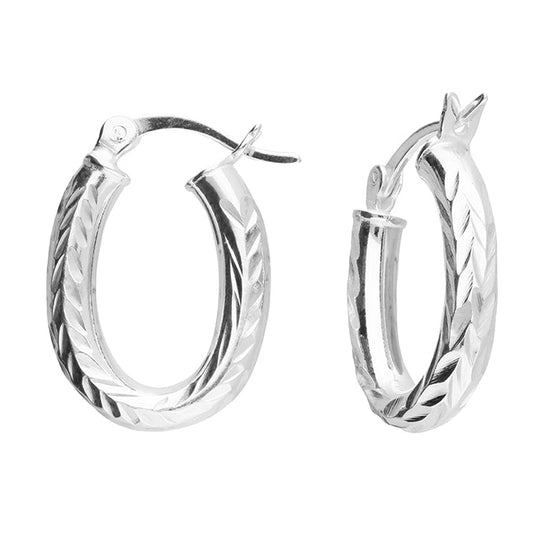 Pair of silver oval shaped hoop earrings on a white background