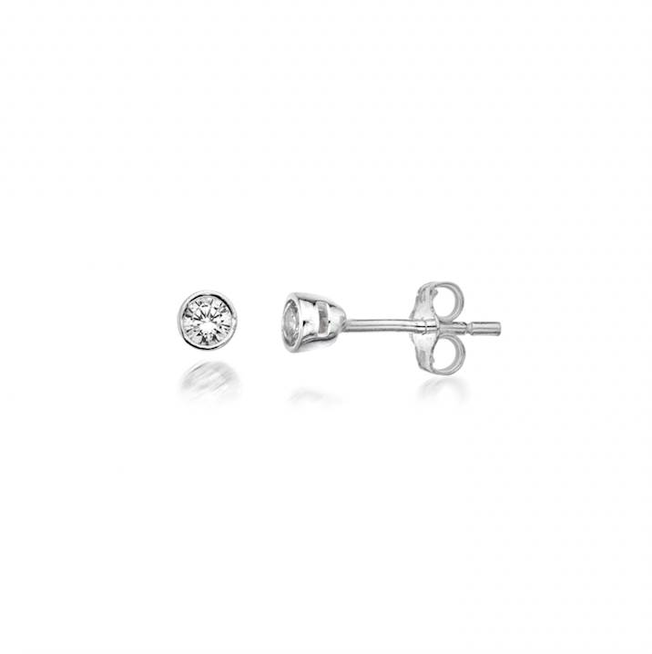 Pair of silver round sparkle stud earrings on a white background