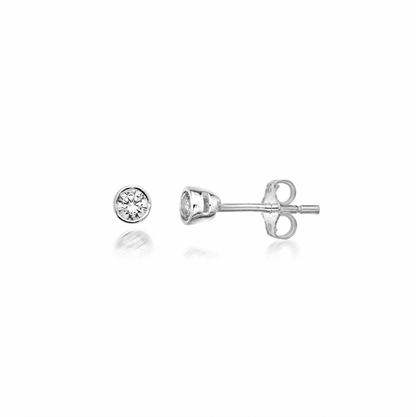 Pair of silver round sparkle stud earrings on a white background