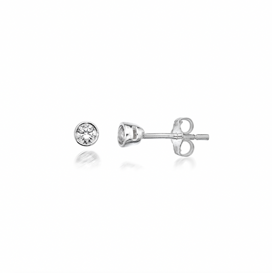 Pair of silver round sparkle stud earrings on a white background
