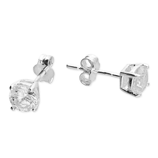 Pair of silver claw stud earrings with clear CZ stone on a white background