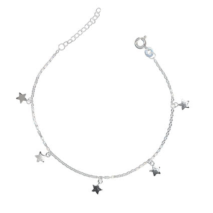 Silver bracelet with star-shaped charms on a white background