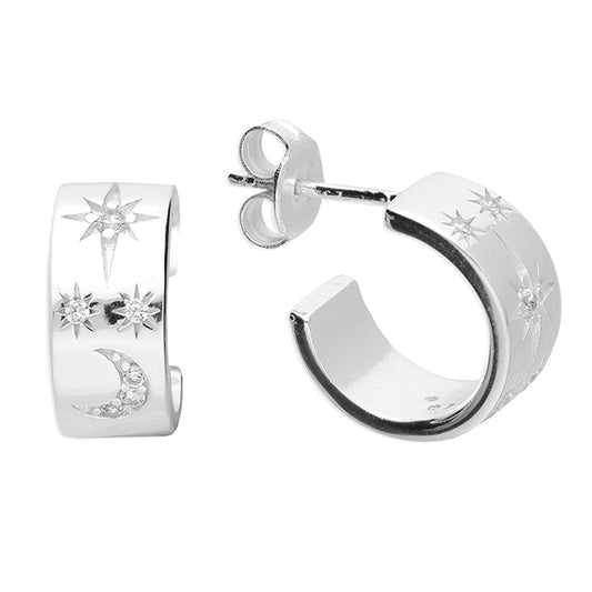 Silver hoop earrings with star and moon designs on a white background