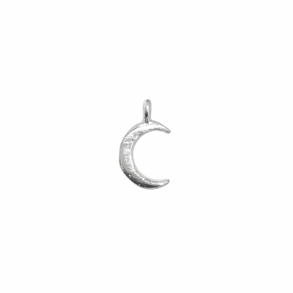 Silver crescent moon pendant on a white background