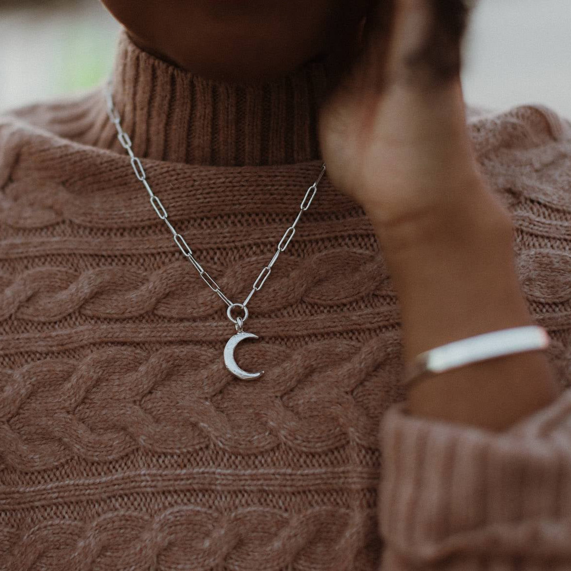 Midi moon trace necklace on Leanne 