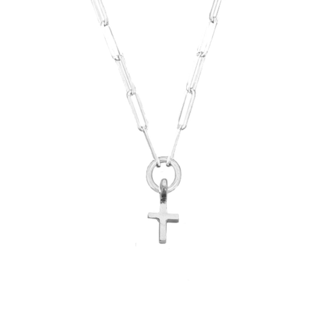 A sterling silver necklace featuring a cross trace design on a chain.