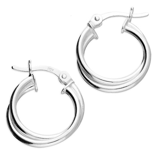 Pair of silver hoop earrings on a white background