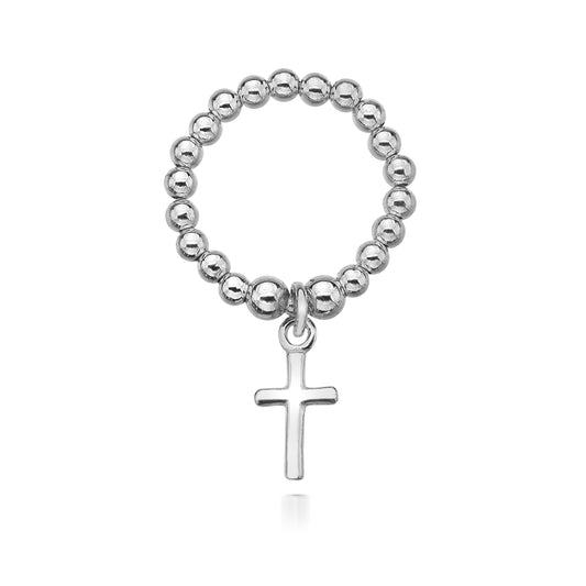 Silver beaded ring with a cross charm on a white background