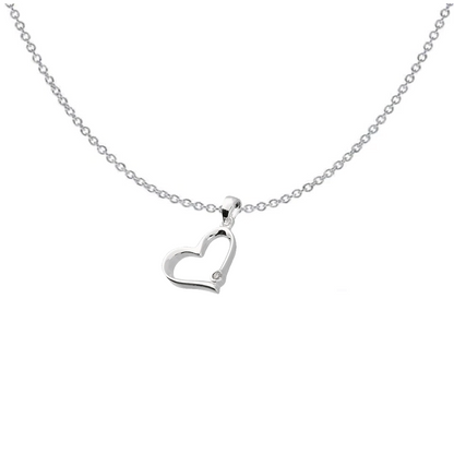 Silver heart-shaped pendant necklace on a white background