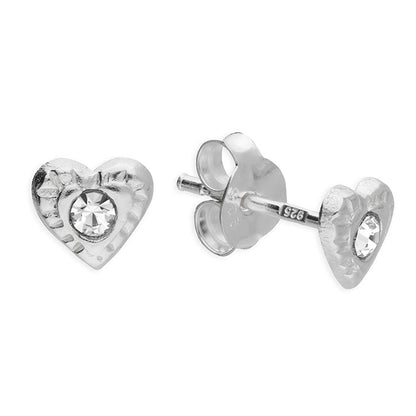 Heart-shaped silver earrings with clear gemstones on a white background