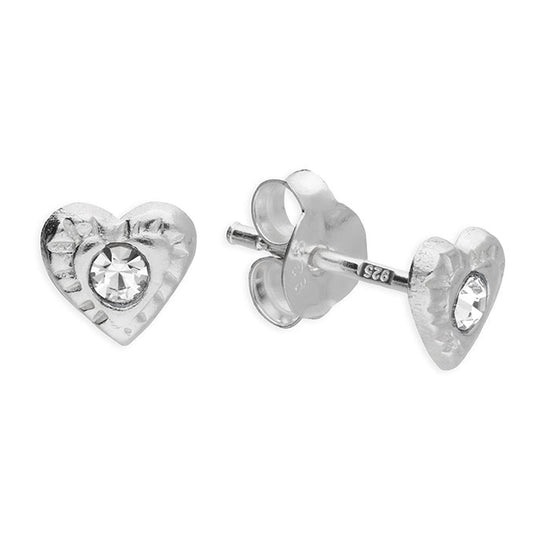 Heart-shaped silver earrings with clear gemstones on a white background