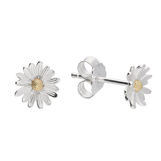 Silver daisy flower earrings on a white background