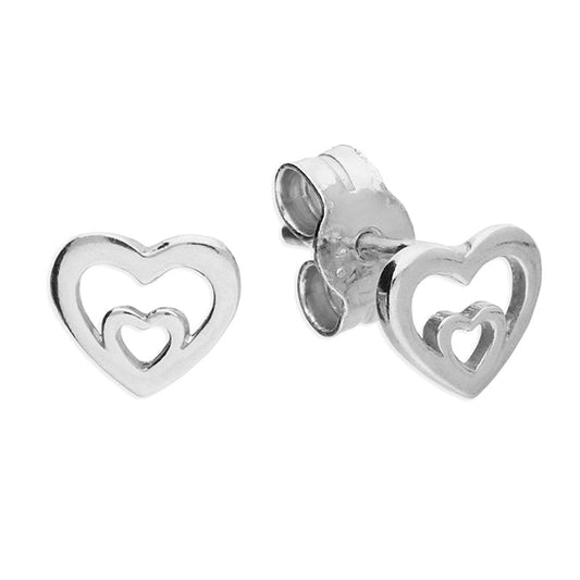 Silver heart-shaped earrings on a white background