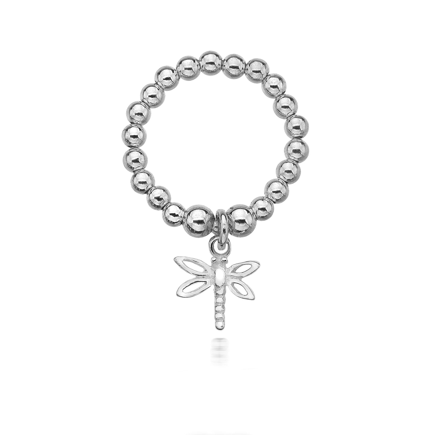 Silver beaded ring with a dragonfly charm on a white background