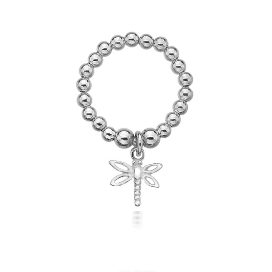 Silver beaded ring with a dragonfly charm on a white background