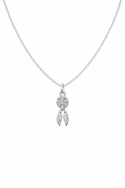 Silver necklace with a dreamcatcher pendant on a white background