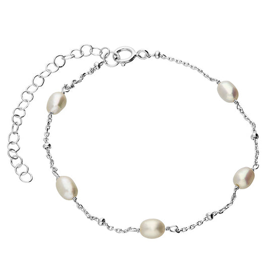 Pearl bracelet with silver chain on a white background