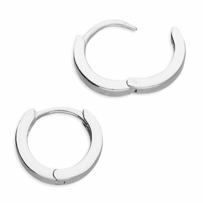 Pair of silver hoop huggie earrings on a white background